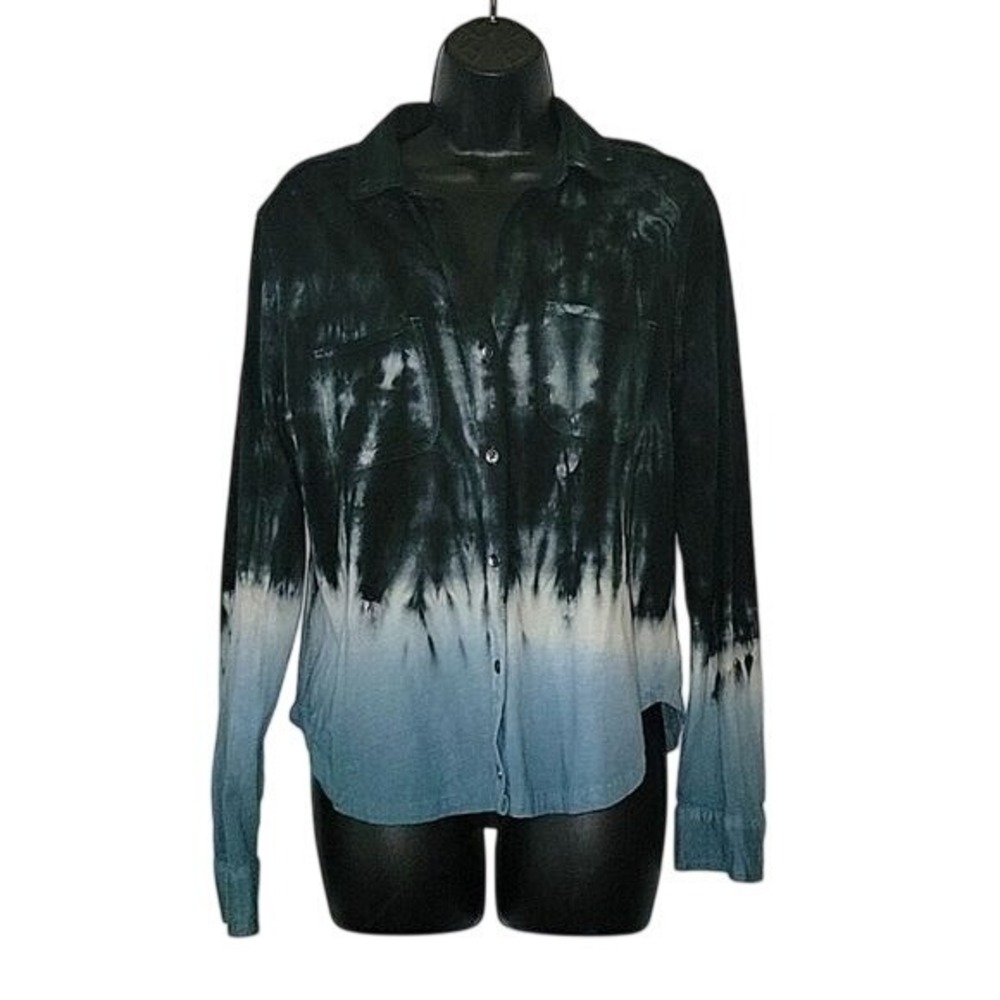 Rock & Republic Womens XS Black Blue Tie Dye Ombre Cotton Button Up Shirt luxury